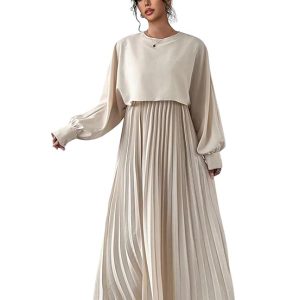 LITZO Dress for Women || Women’s Solid Pleated Maxi Dress || Modest Long Sleeve Loose Fit Flowy Gown for Casual, Office & Brunch